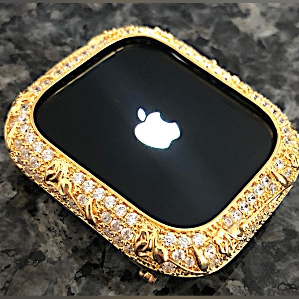 Apple Watch bezel case with rosebud design in Yellow gold with lab diamonds